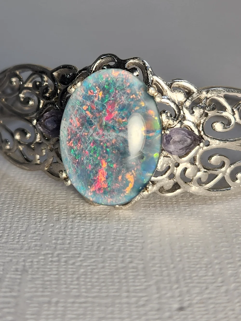 VTG Large Natural Opal & Amethyst 925 Filigree Cuff Btacelet - Picture 6 of 16